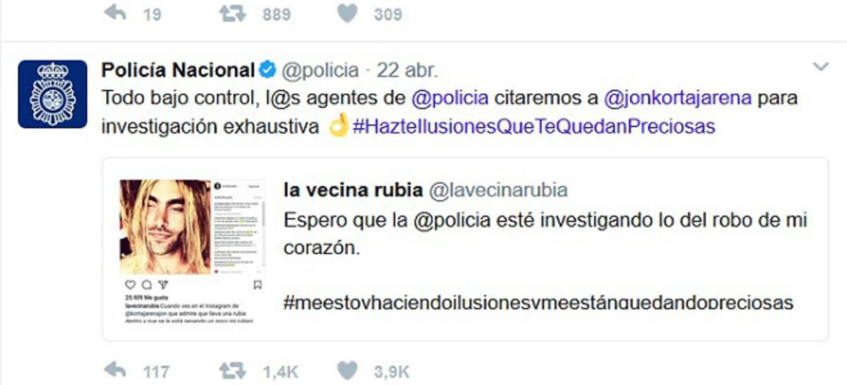 El tuit con el que la policía se involucra en el romance virtual de La vecina rubia y Jon Kortajarena. El tuit con el que la policía se involucra en el romance virtual de La vecina rubia y Jon Kortajarena.