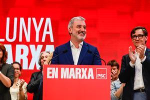 BARCELONA 28/05/2023 Política. La noche electoral en la sede del PSC - Jaume Collboni con Salvador Illa.