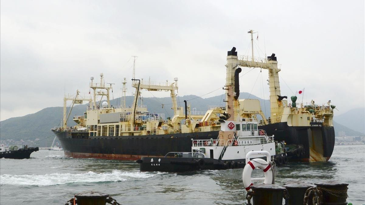 El buque ballenero Nisshin Maru parte del puerto de Shimonoseki, Japón. El buque ballenero Nisshin Maru parte del puerto de Shimonoseki, Japón.