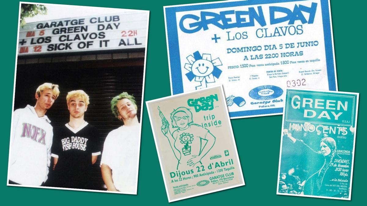 Green Day, delante del Garatge Club en 1994, y los carteles de sus actuaciones en Barcelona en 1991, 1993 y 1994.
