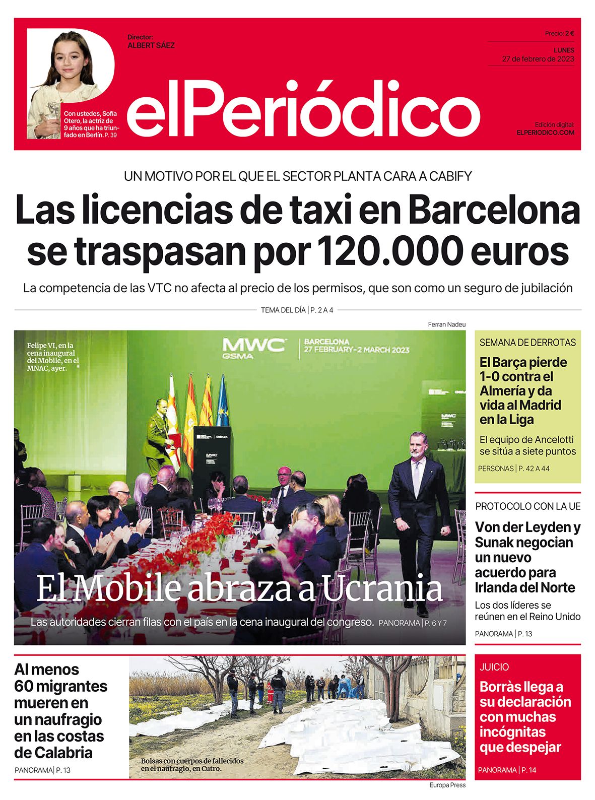 La portada de EL PERIÓDICO del 27 de febrero de 2023