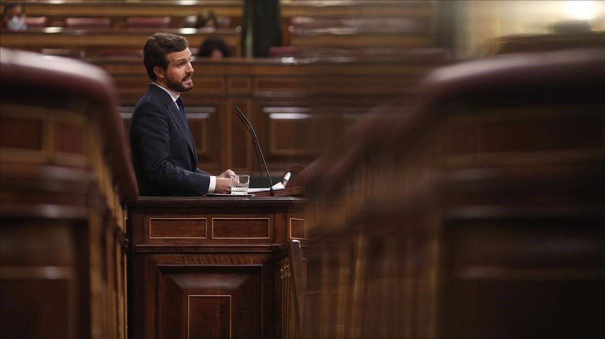 El presidente del PP, Pablo Casado, en la tribuna del Congreso El presidente del PP, Pablo Casado, en la tribuna del Congreso