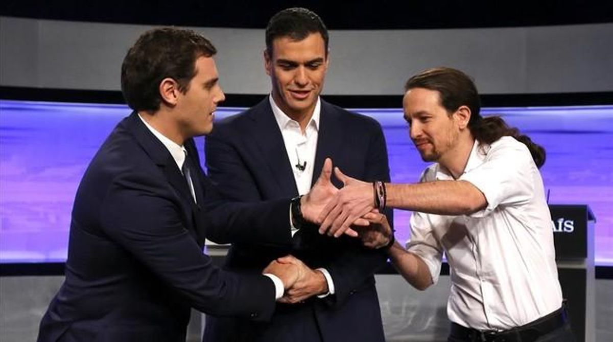 Albert Rivera, Pedro Sánchez y Pablo Iglesias, en un debate televisivo. Albert Rivera, Pedro Sánchez y Pablo Iglesias, en un debate televisivo.