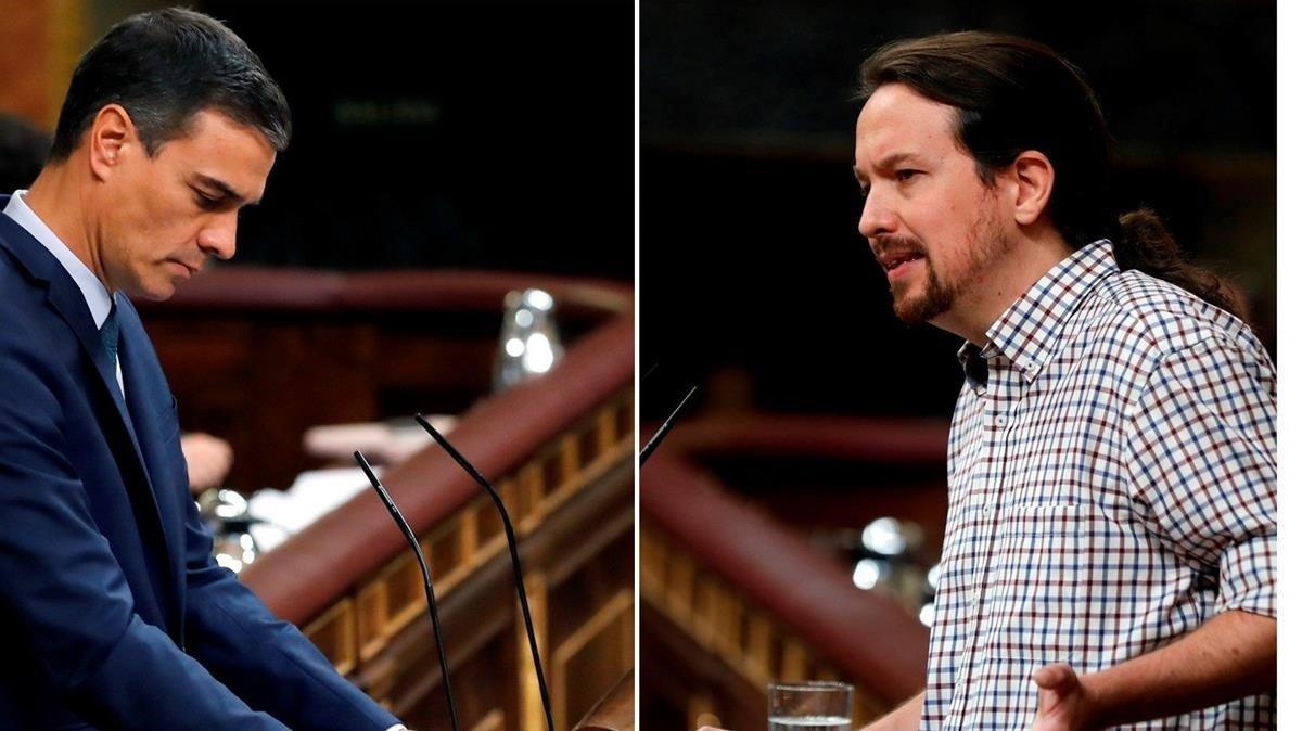 Combo de Pedro Sánchez y Pablo Iglesias durante el debate de investidura que se saldó con la segunda votación fallida para el socialista. Combo de Pedro Sánchez y Pablo Iglesias durante el debate de investidura que se saldó con la segunda votación fallida para el socialista.