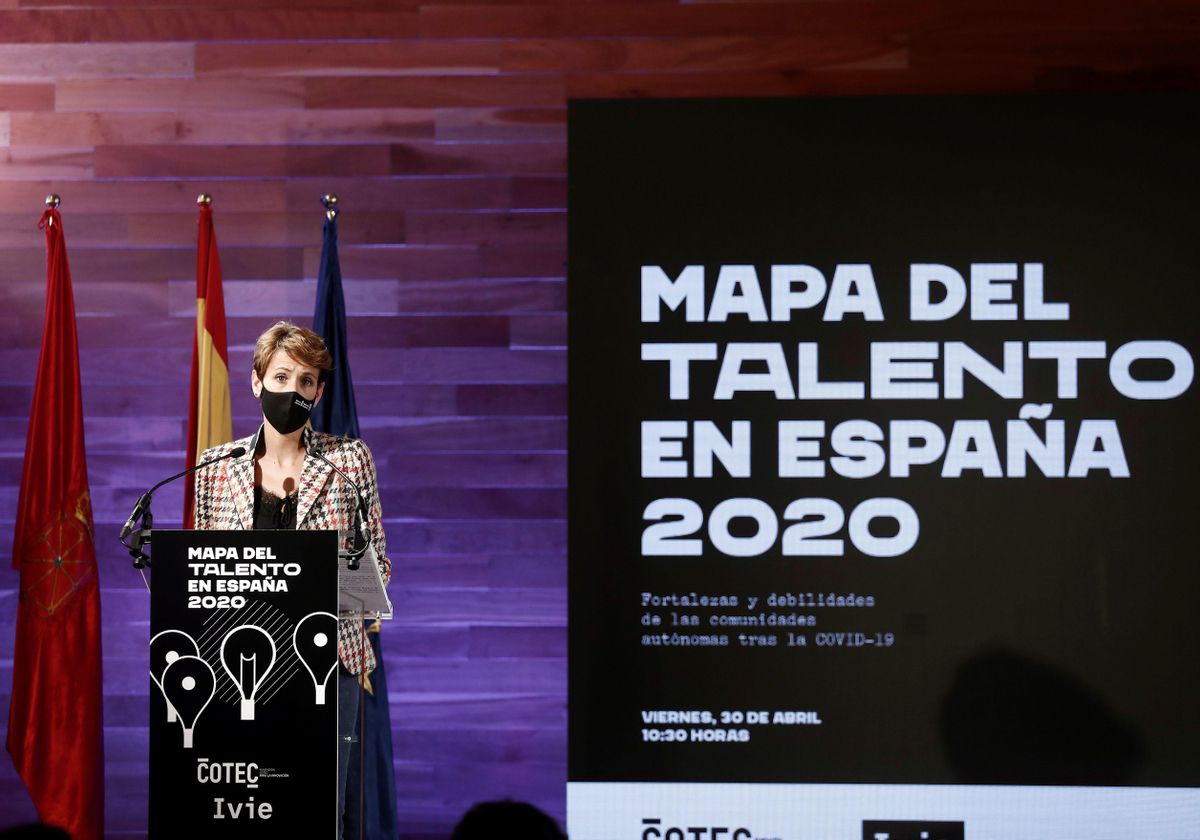 La presidenta del Gobierno de Navarra, María Chivite, durante la presentación del informe ’Mapa del talento autonómico’. La presidenta del Gobierno de Navarra, María Chivite, durante la presentación del informe ’Mapa del talento autonómico’.
