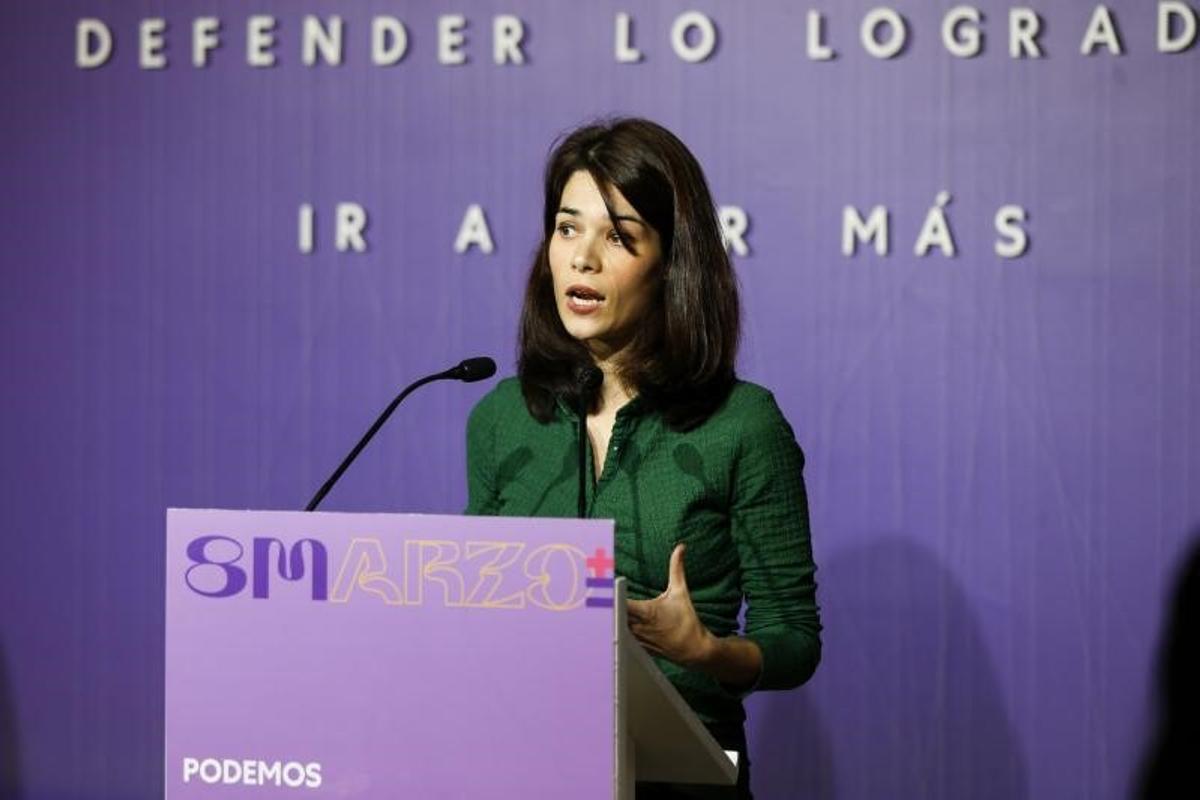 Isa Serra, portavoz de Podemos, durante la rueda de prensa ofrecida en la sede del partido, en Madrid, este 7 de marzo de 2022.