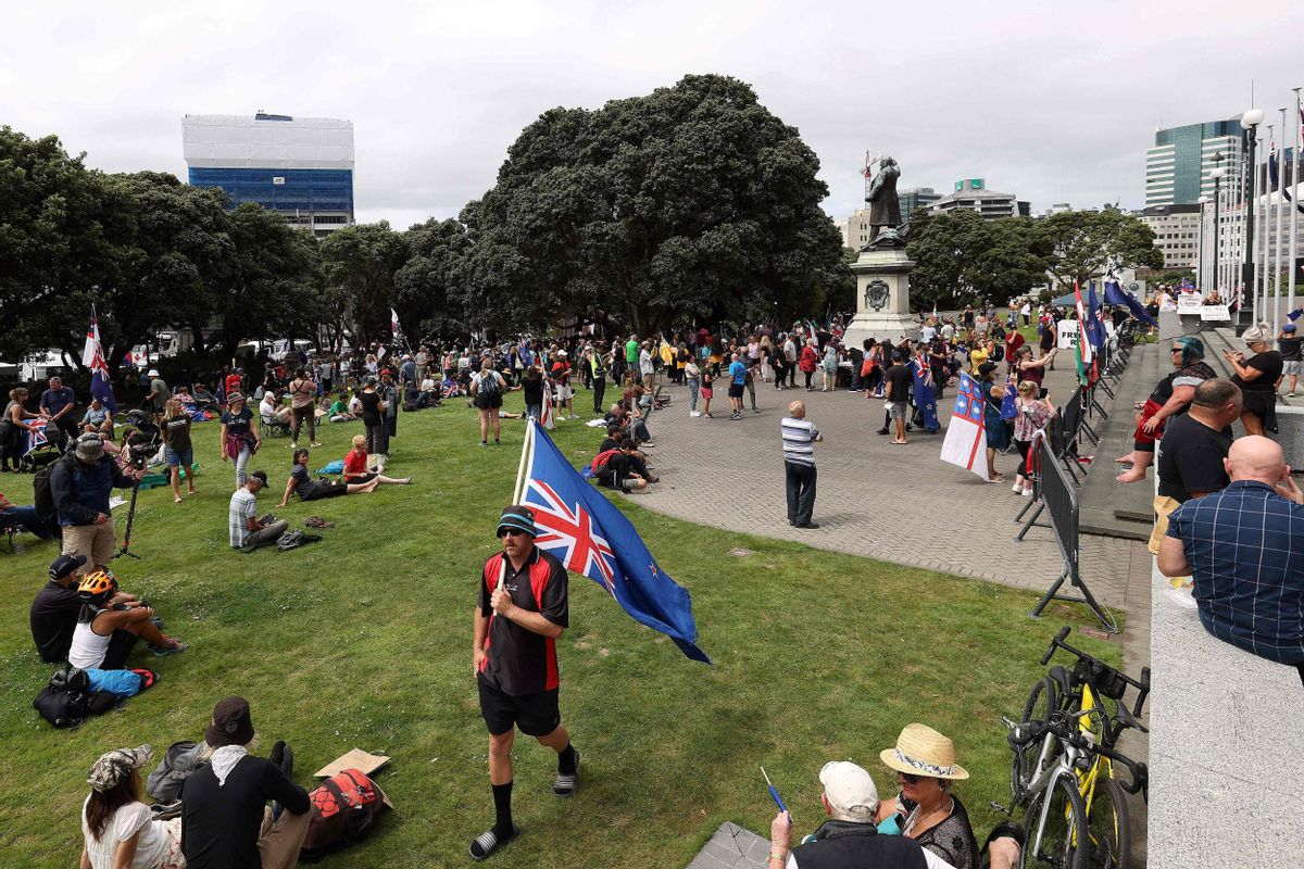 Protestas contra las restricciones sanitarias frente al Parlamento de Nueva Zelanda. Protestas contra las restricciones sanitarias frente al Parlamento de Nueva Zelanda.