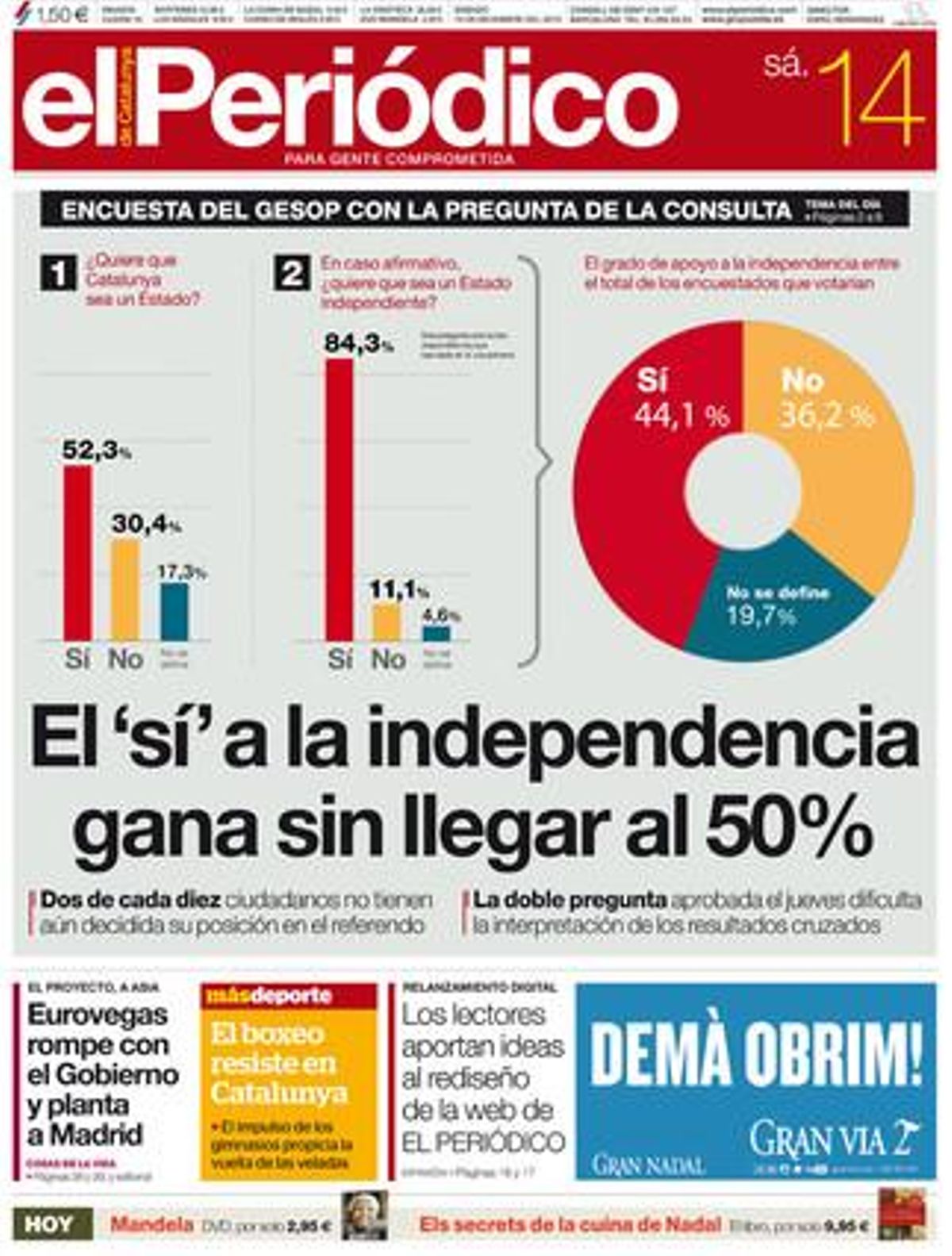 La portada de EL PERIÓDICO (14-12-2013). La portada de EL PERIÓDICO (14-12-2013).