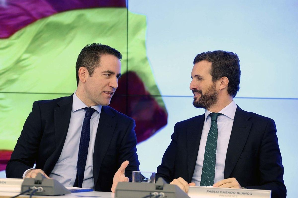 El presidente del PP, Pablo Casado, junto Teodoro García Egea, secretario general del partido. El presidente del PP, Pablo Casado, junto Teodoro García Egea, secretario general del partido.