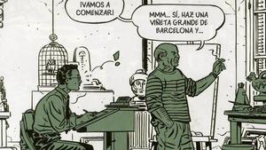 Viñeta de ’Picasso en la guerra civil’, con el artista malagueño y el dibujante al que le encarga una historieta. 