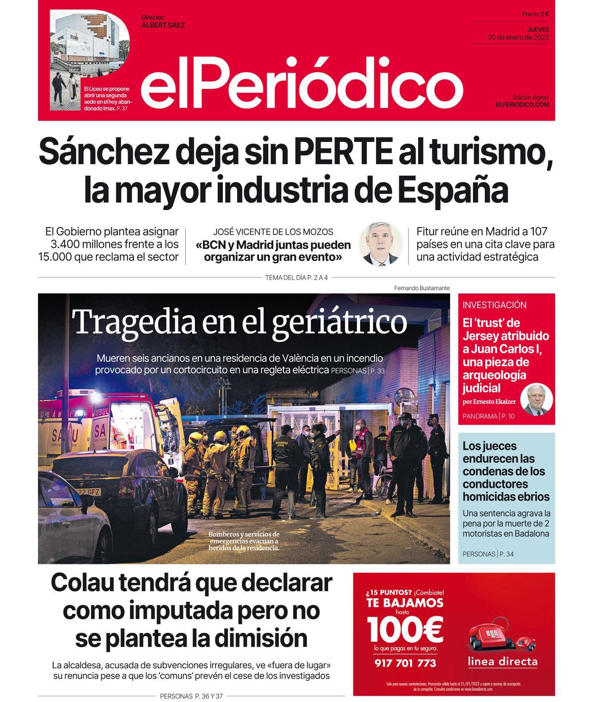 La portada de EL PERIÓDICO del 20 de enero de 2022