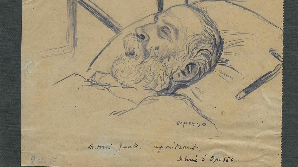 Dibujo de Opisso de Gaudí agonizando. Dibujo de Opisso de Gaudí agonizando.