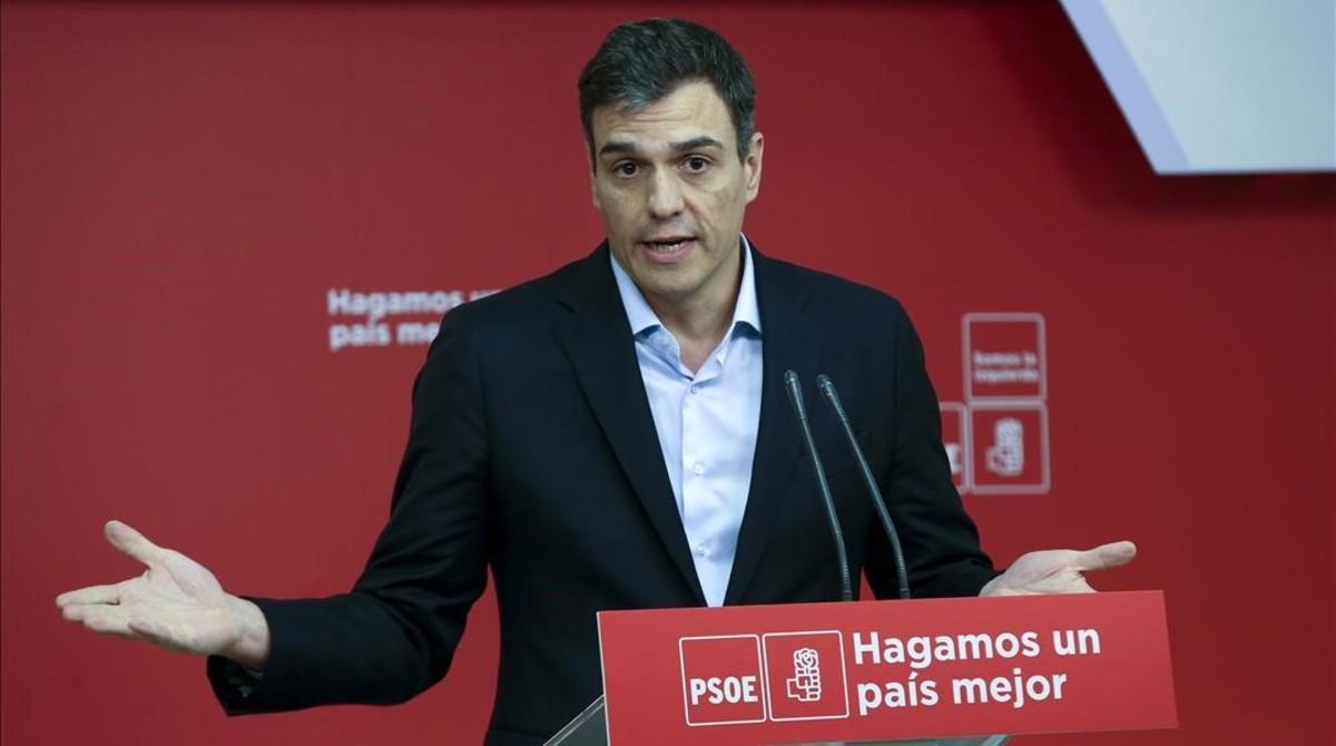 Pedro Sánchez, este miércoles en la sede del PSOE, durante la presentación de su alternativa a los Presupuestos del 2018. 