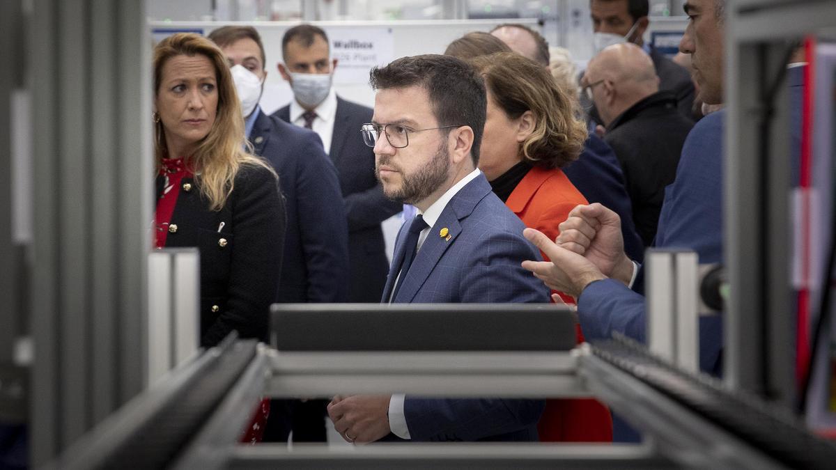 El presidente de la Generalitat, Pere Aragonès, esta mañana durante la inauguración de la fábrica de Wallbox.