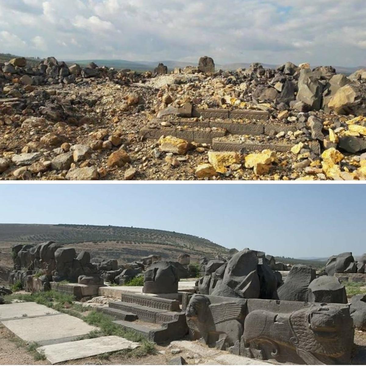 Antes (abajo) y después del templo hitita de Ain Dara, destruido por la aviación turca.