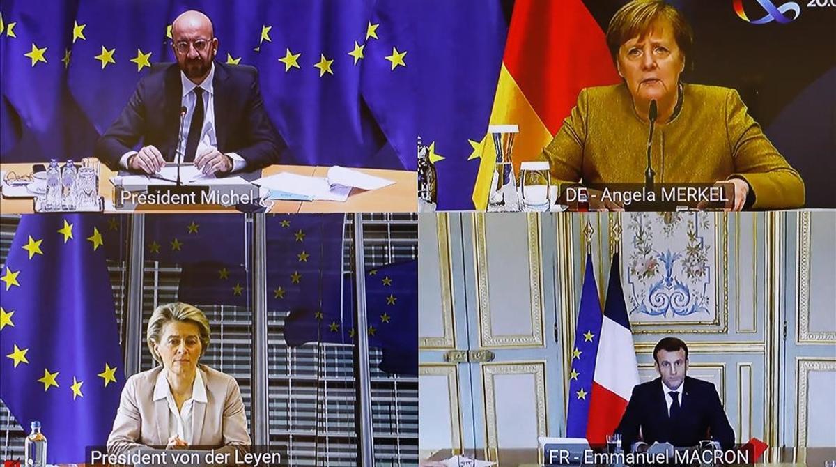HANDOUT - 07 December 2020  Belgium  Brussels  A screen shows EU Council President Charles Michel (top L)  President of the European Commission Usrsula von der Leyen (bottom R)  German Chancellor Angela Merkel (top R) and French President Emmanuel Macron during a video conference meeting  Photo  Dario Pignatelli European Council dpa - ATTENTION  editorial use only and only if the credit mentioned above is referenced in full  Dario Pignatelli European Counci   DPA  07 12 2020 ONLY FOR USE IN SPAIN