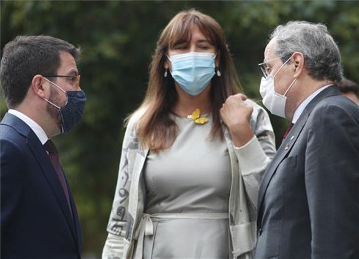 Pere Aragonès, Laura Borràs y Quim Torra en una imagen de septiembre del 2020, ante el Tribunal Supremo, en Madrid. Pere Aragonès, Laura Borràs y Quim Torra en una imagen de septiembre del 2020, ante el Tribunal Supremo, en Madrid.