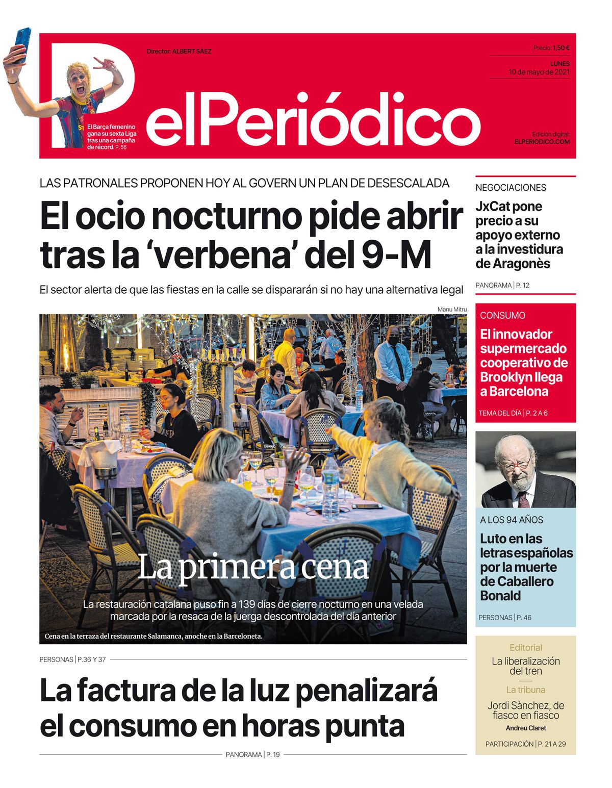 La portada de EL PERIÓDICO del 10 de mayo de 2021 La portada de EL PERIÓDICO del 10 de mayo de 2021