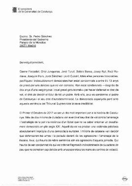 Carta del president Quim Torra al presidente del Gobierno Pedro Sánchez tras conocerse la sentencia del Tribunal Supremo