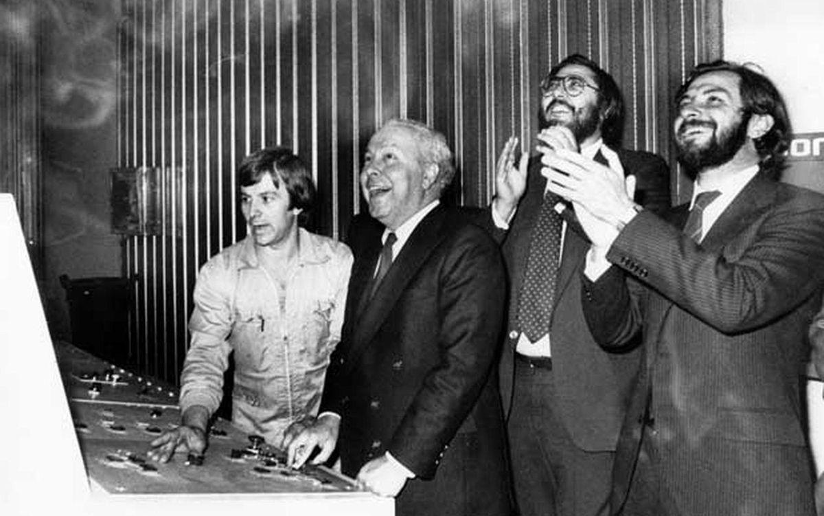 Polanco, Franco y Cebrián, en el estreno de la rotativa en la Zona Franca Polanco, Franco y Cebrián, en el estreno de la rotativa en la Zona Franca