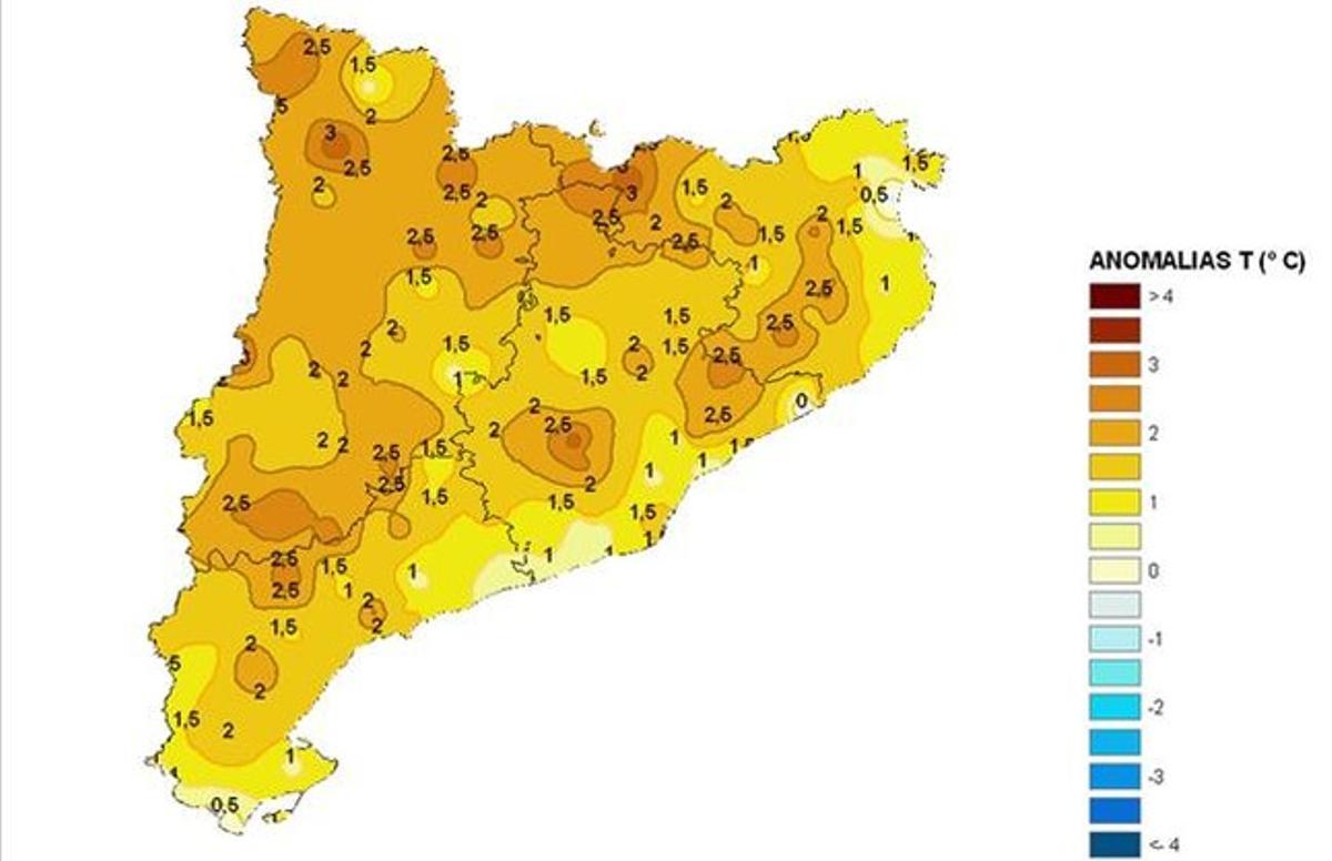 Anomalías de temperatura en el trimestre junio-agosto con respecto al mismo periodo de 1971-2000. Los colores más oscuros corresponden a las zonas proporcionalmente más cálidas. / Imagen: Aemet Anomalías de temperatura en el trimestre junio-agosto con respecto al mismo periodo de 1971-2000. Los colores más oscuros corresponden a las zonas proporcionalmente más cálidas. / Imagen: Aemet