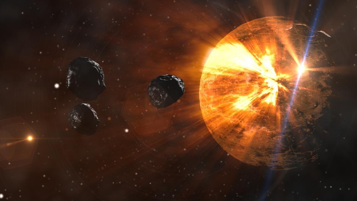 Recreación de meteoritos yendo hacia el sol