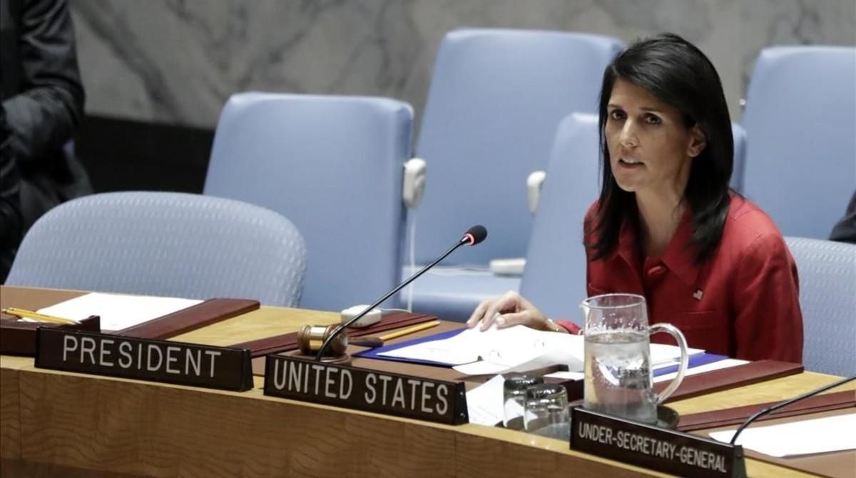 La embajadora de Estados Unidos ante la ONU, Nikki Haley, interviene en una reunión del Consejo de Seguridad, en Nueva York. La embajadora de Estados Unidos ante la ONU, Nikki Haley, interviene en una reunión del Consejo de Seguridad, en Nueva York.