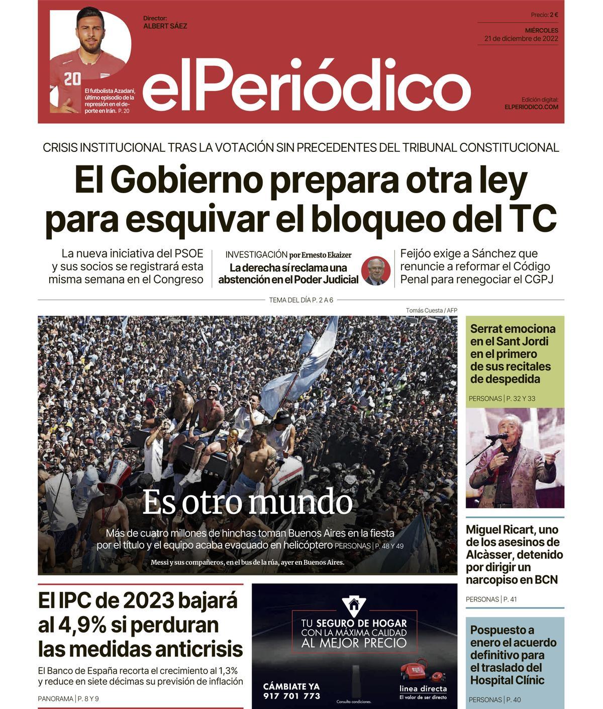 La portada de EL PERIÓDICO del 21 de diciembre de 2022