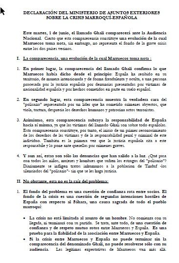 Comunicado del Ministerio de Exteriores marroquí sobre la crisis con España