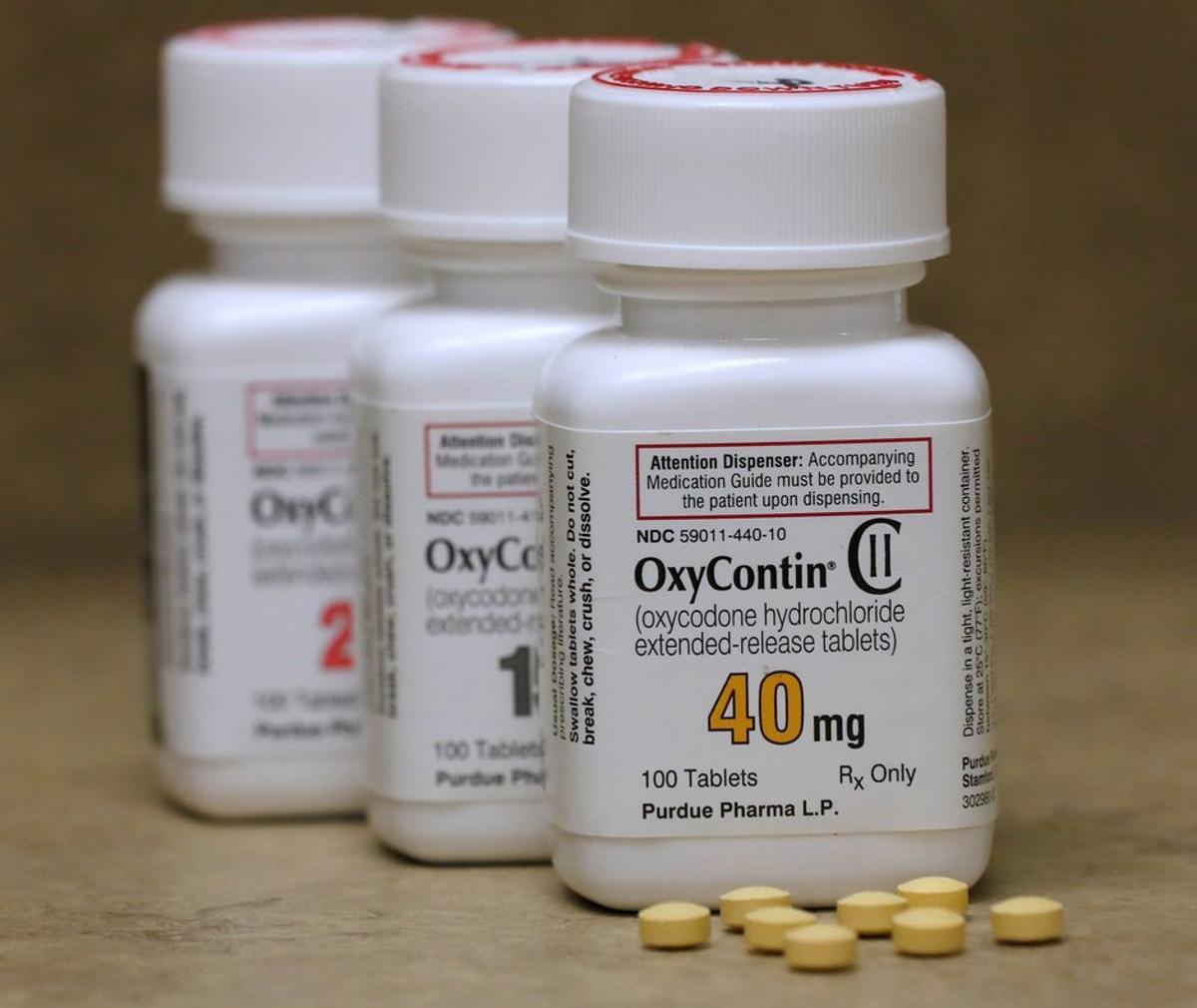 FILE PHOTO: Bottles of prescription painkiller OxyContin pills, made by Purdue Pharma LP, are seen on a counter at a local pharmacy in Provo, Utah, U.S., April 25, 2017.    REUTERS/George Frey/File Photo - RC16C26EFFB0