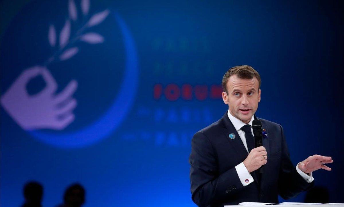 El presidente francés, Emmanuel Macron, durante su discurso en la apertura del Fórum de París por la Paz.