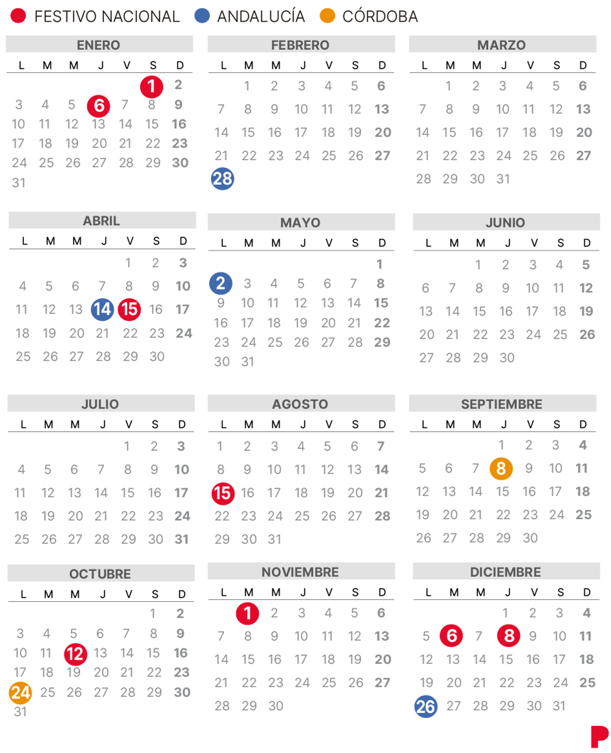 Calendari laboral de Còrdova del 2022 (amb tots els dies festius)