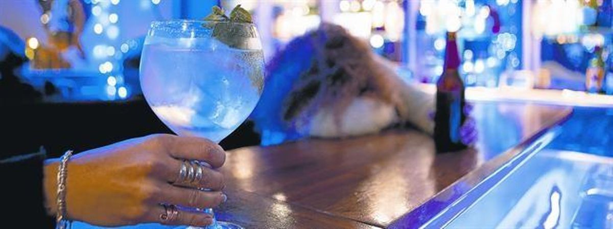 Una mujer consume una bebida en la barra de un bar. Una mujer consume una bebida en la barra de un bar.
