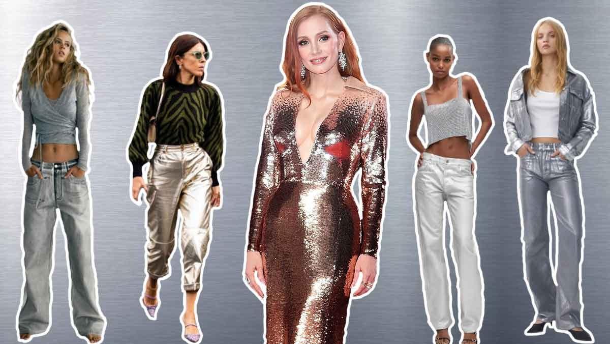 En el centro, Jessica Chastain, en su aparición en el Festival de Venecia, luciendo un Gucci última tendencia en brillos metálicos. Marcas como Zara, Mango o Pull&Bear también se apuntan a la moda callejera ’discotequera’.