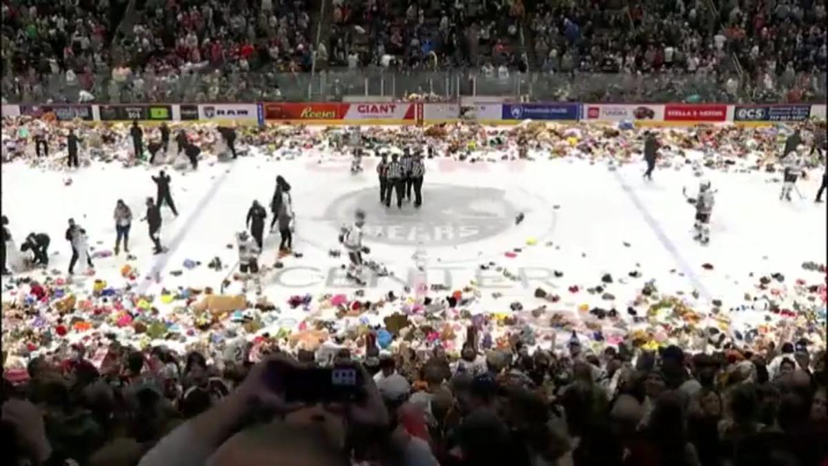 Miles de osos de peluche vuelan por los aires durante un partido de hockey en Estados Unidos.