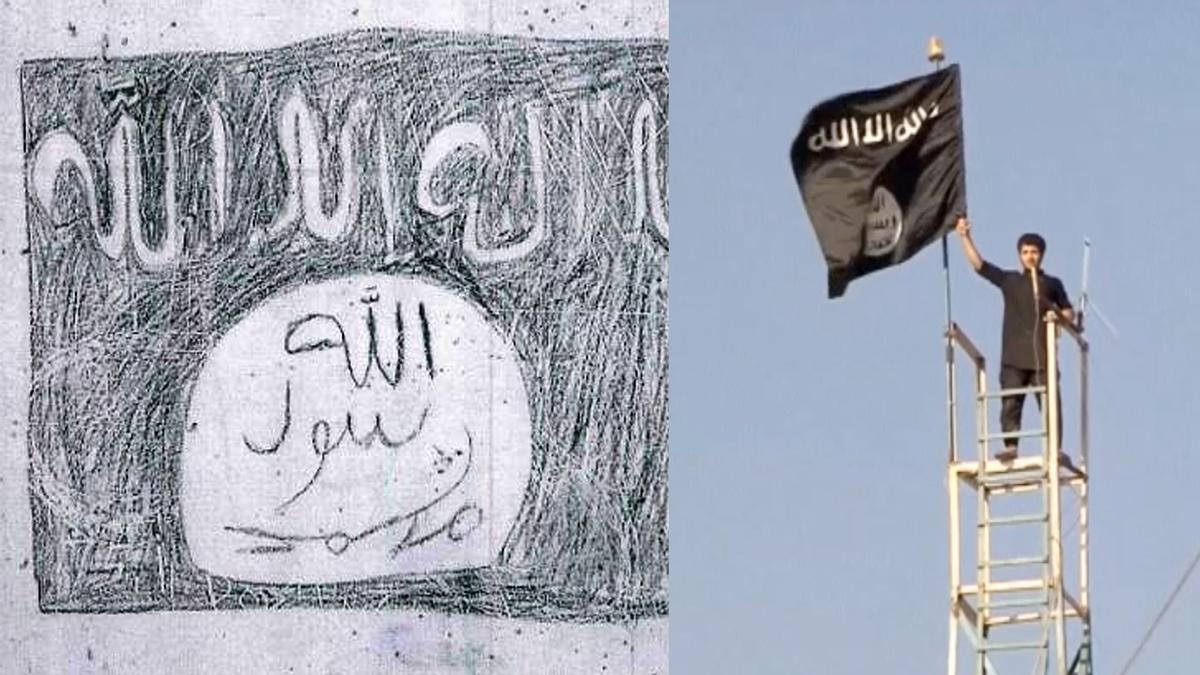 Pintada yihadista en una cárcel española. A la derecha, el modelo que trata de imitar, una bandera de Daesh ondeada en Siria.