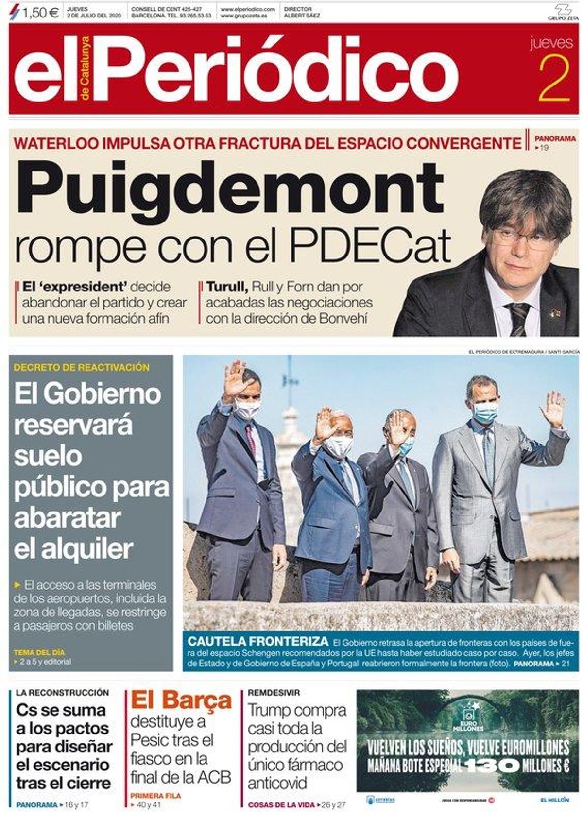 La portada de EL PERIÓDICO del 2 de julio del 2020 La portada de EL PERIÓDICO del 2 de julio del 2020
