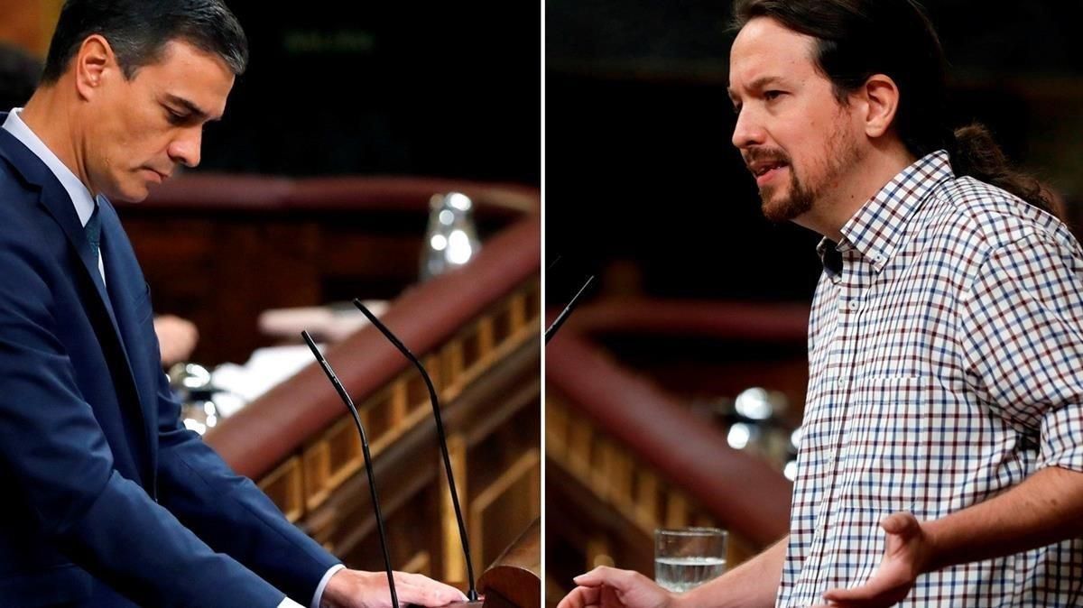 Dos imágenes de Pedro Sánchez y Pablo Iglesias, en la tribuna del Congreso, el día de la investidura fallida. Dos imágenes de Pedro Sánchez y Pablo Iglesias, en la tribuna del Congreso, el día de la investidura fallida.