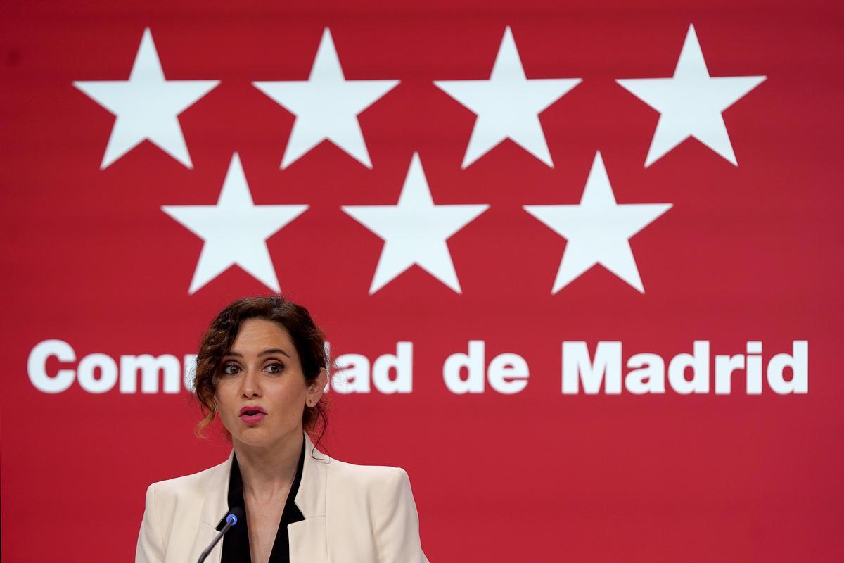 Isabel Diaz Ayuso, Presidenta de la Comunidad de Madrid durante la declaración institucional.