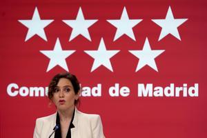Isabel Diaz Ayuso, Presidenta de la Comunidad de Madrid durante la declaración institucional.