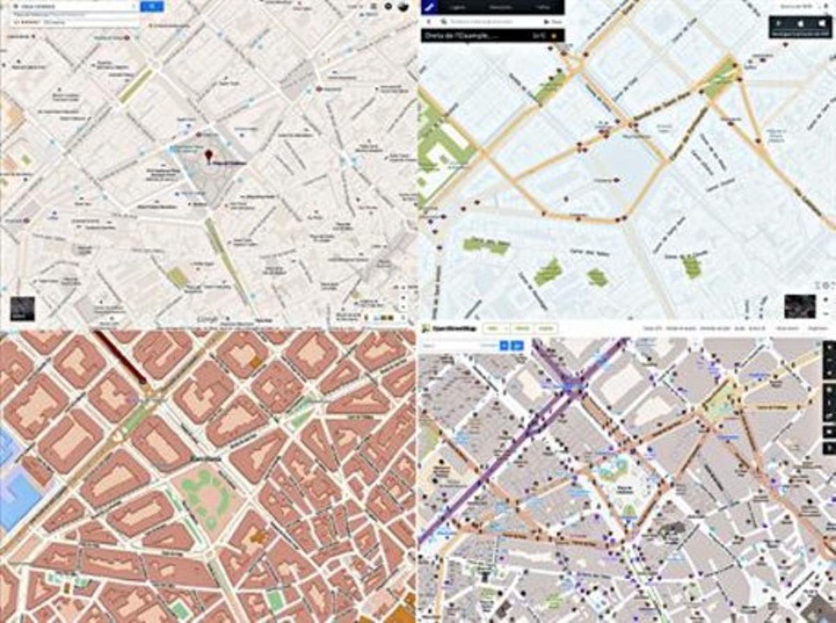 Arriba, capturas del mapa de Barcelona en Google Maps y Here. Abajo, las mismas capturas en Tomtom y Openstreetmap.