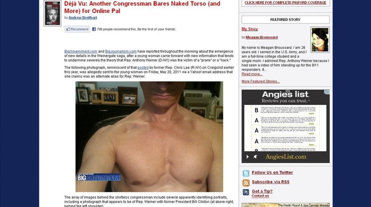 Captura de pantalla de una web donde el congresista Weiner muestra su torso desnudo.