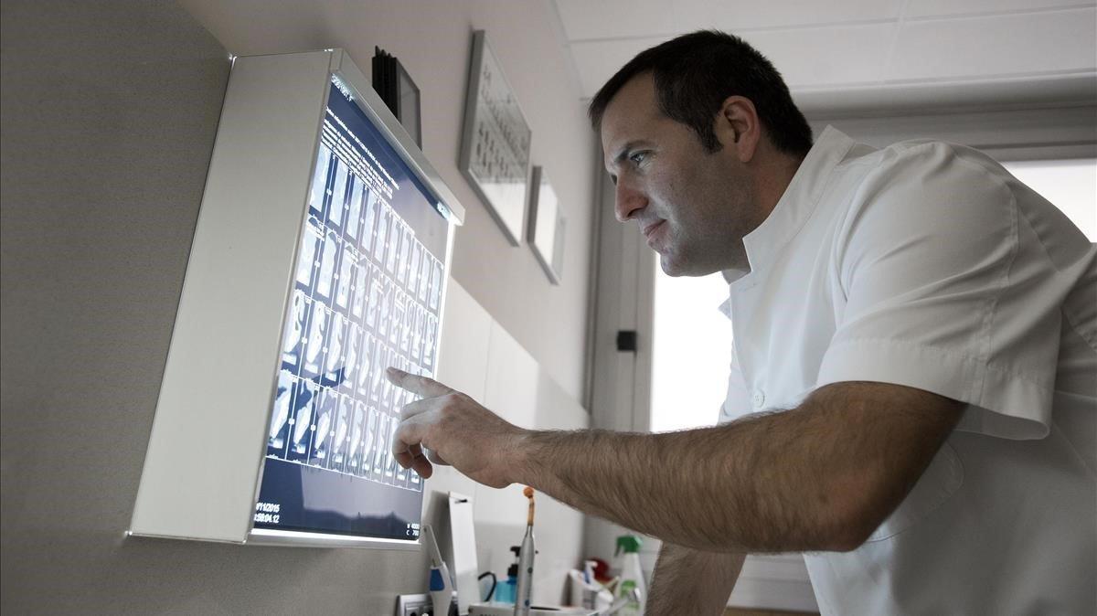 El odontólogo Carles Pejoan examina unas pruebas de TAC sobre implantes. El odontólogo Carles Pejoan examina unas pruebas de TAC sobre implantes.