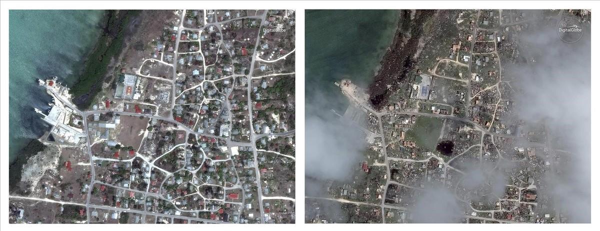 Combinación de imágenes de satélite que muestran Codrington, una localidad de Antigua y Barbuda, realizadas el 24/04/2014 y el 08/09/2017, es decir, antes y después de ser arrasadas por el huracán Irma.