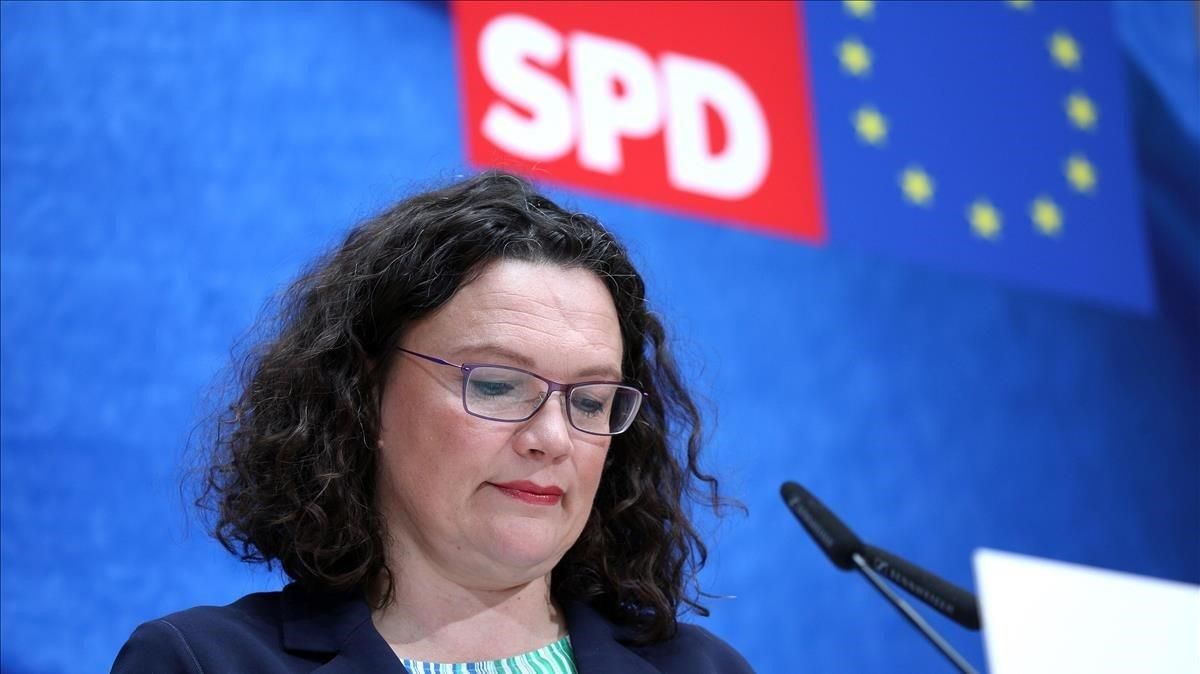 La líder socialdemócrata alemana, Andrea Nahles, tras las elecciones europeas del 2019. La líder socialdemócrata alemana, Andrea Nahles, tras las elecciones europeas del 2019.