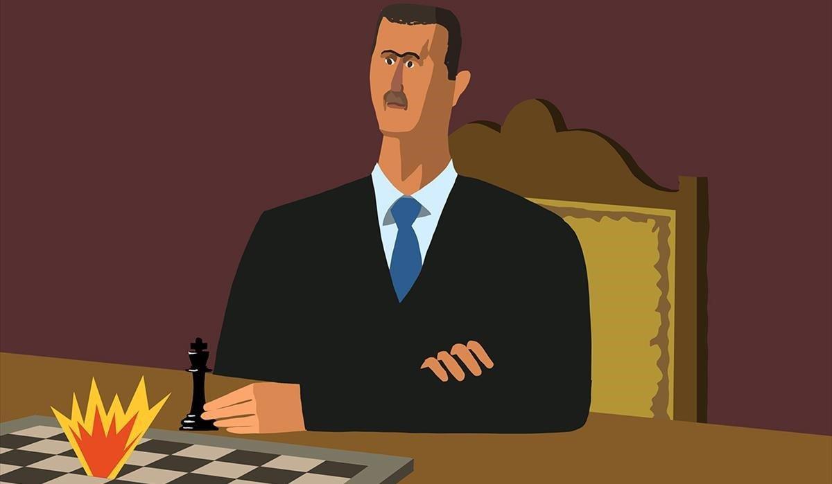 Al-Assad ja mira per sobre de l'espatlla
