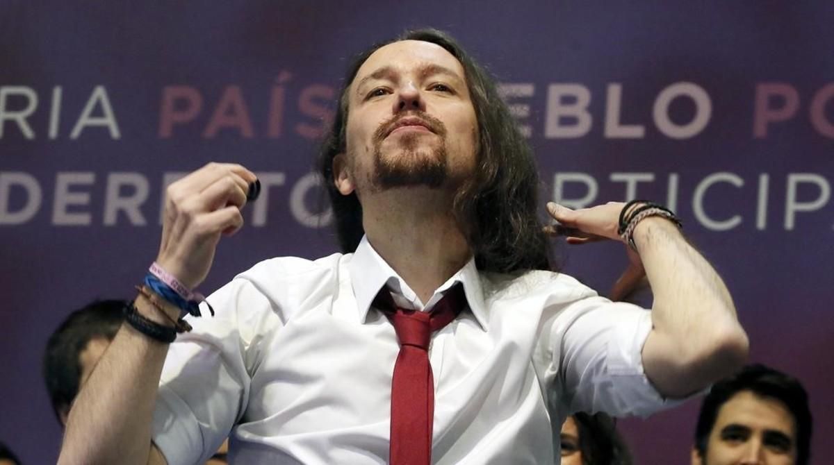 El reelegido secretario general de Podemos, Pablo Iglesias, en la clausura de la asamblea de Vistalegre II. El reelegido secretario general de Podemos, Pablo Iglesias, en la clausura de la asamblea de Vistalegre II.