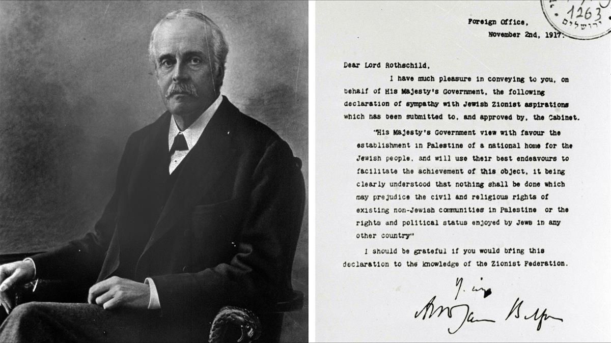 Arthur Balfour, en una foto de 1925, y la carta que envió a Lord Rothschild. Arthur Balfour, en una foto de 1925, y la carta que envió a Lord Rothschild.