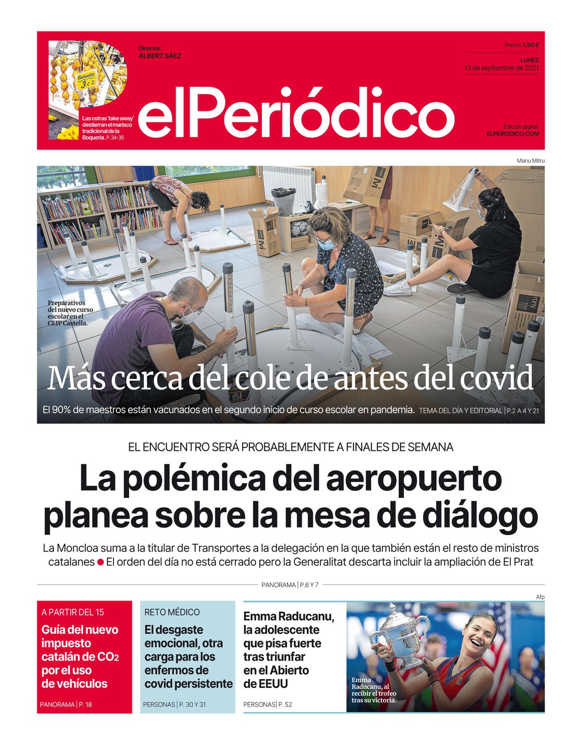 La portada d’EL PERIÓDICO del 13 de setembre del 2021 La portada d’EL PERIÓDICO del 13 de setembre del 2021