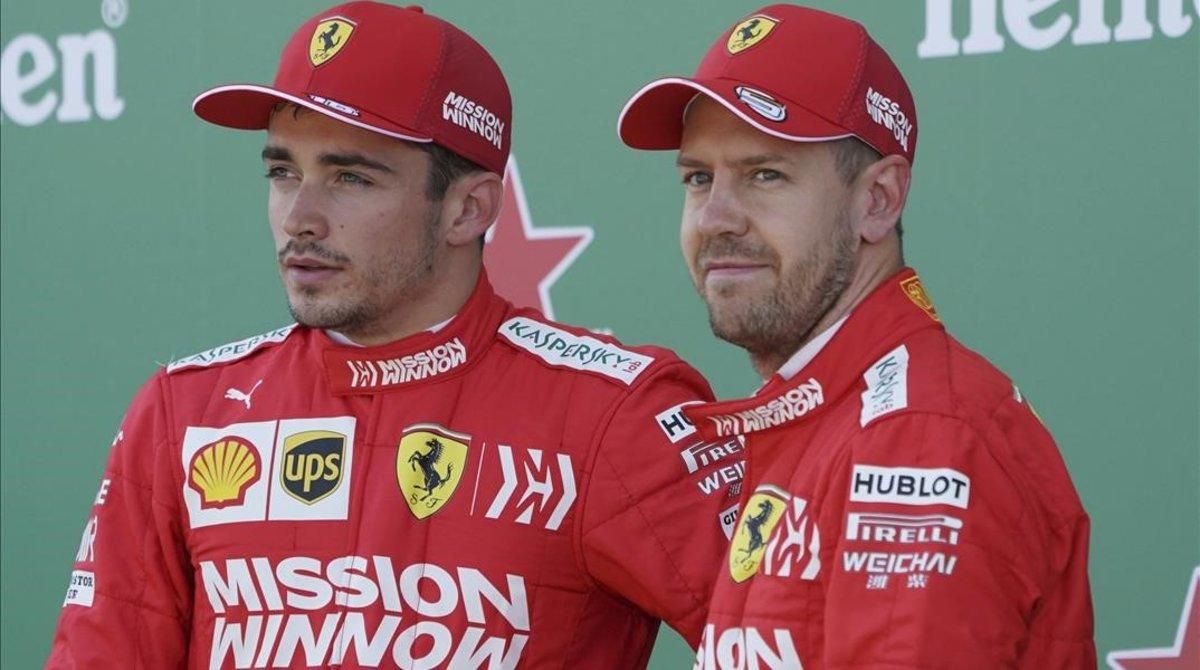Charles Leclerc y Sebastian Vettel,en la presentación de Ferrari. Charles Leclerc y Sebastian Vettel,en la presentación de Ferrari.